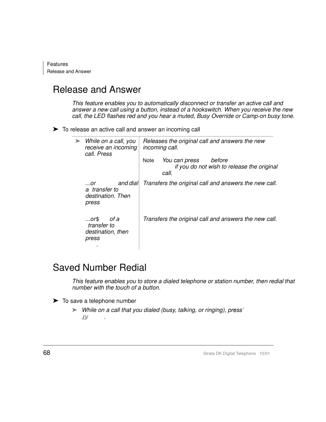 Toshiba DK manual Release and Answer, Saved Number Redial, To release an active call and answer an incoming call 