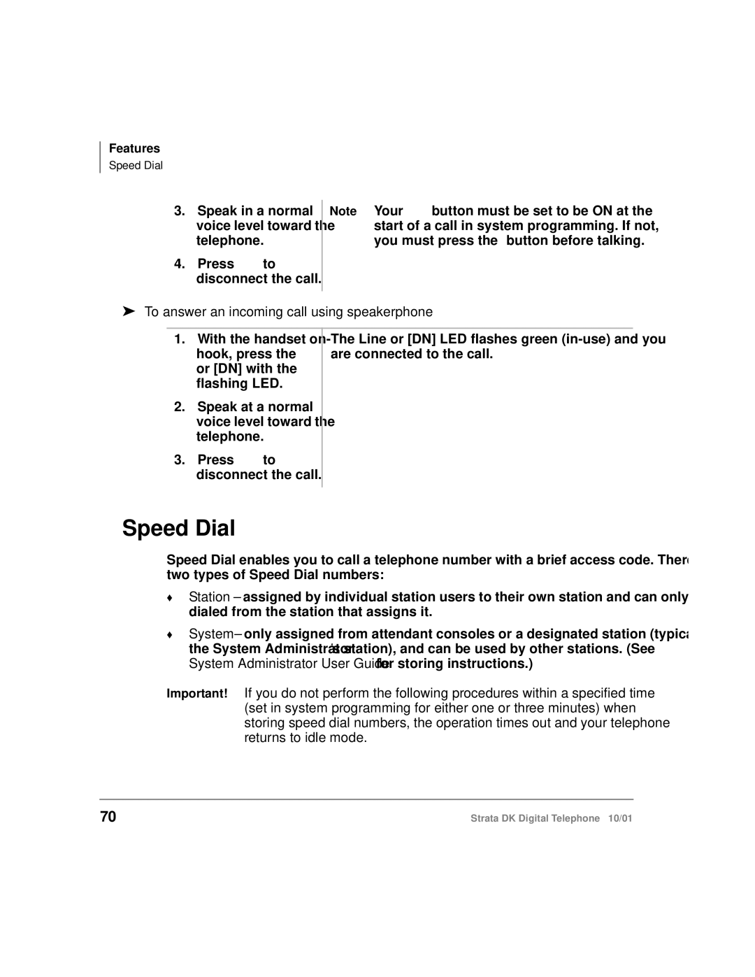 Toshiba DK manual Speed Dial, To answer an incoming call using speakerphone 