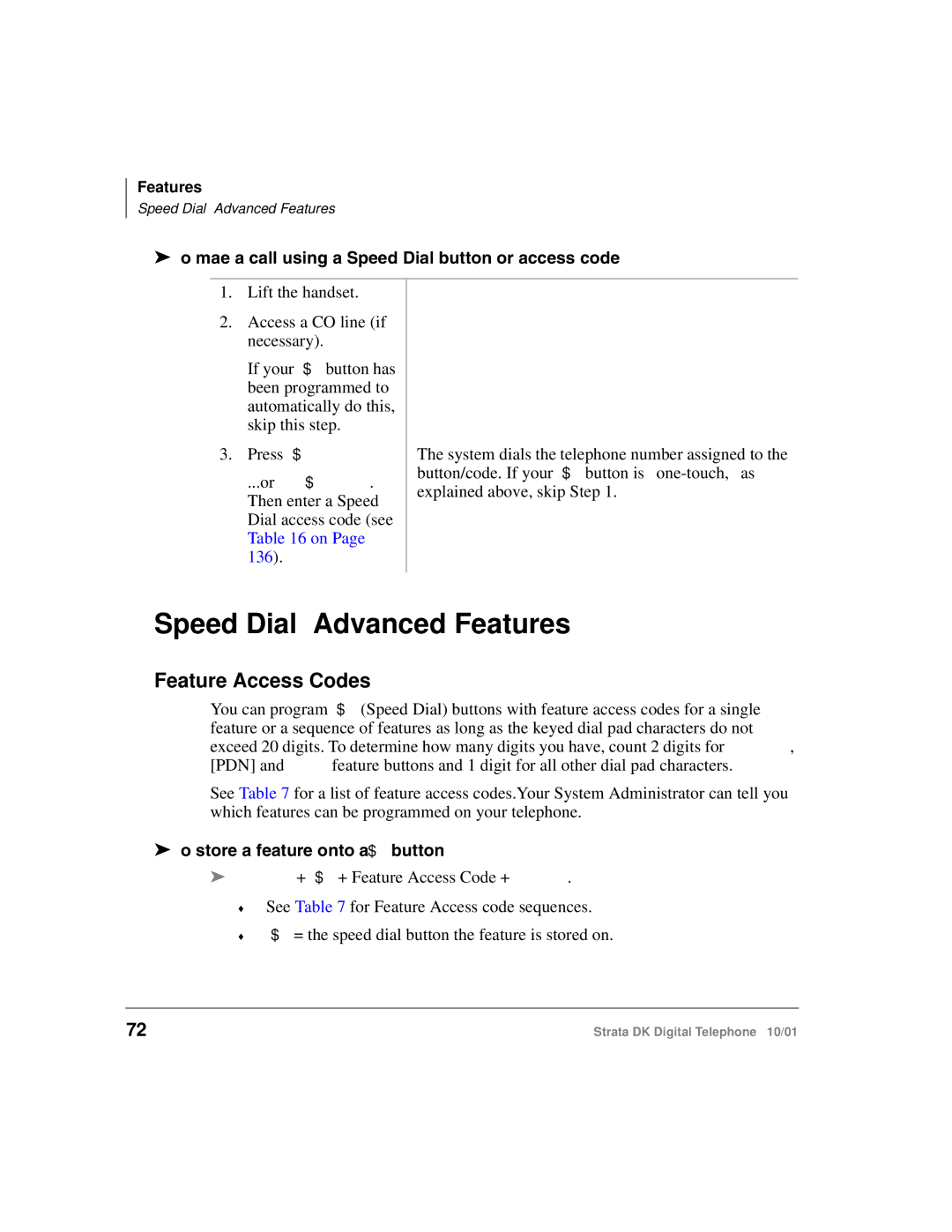 Toshiba DK Speed Dial-Advanced Features, Feature Access Codes, To make a call using a Speed Dial button or access code 