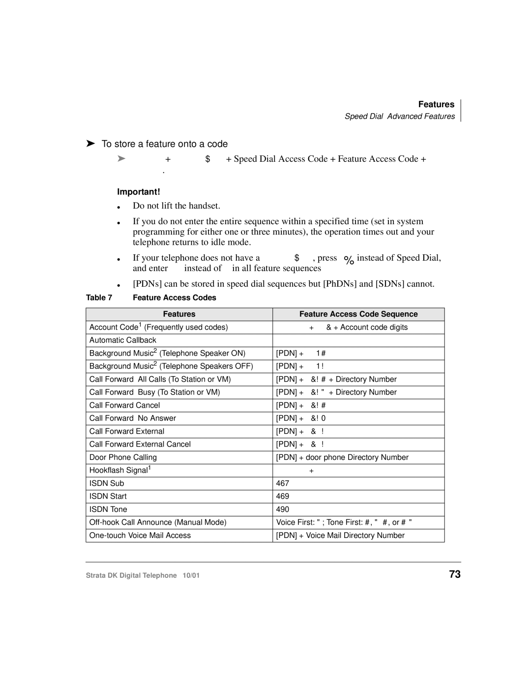 Toshiba DK manual To store a feature onto a code, Feature Access Codes Features Feature Access Code Sequence 