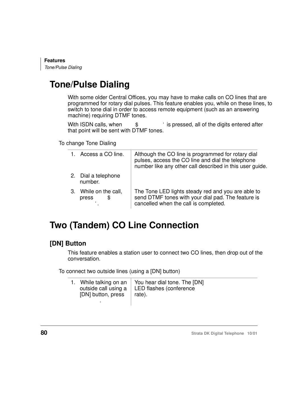 Toshiba DK manual Tone/Pulse Dialing, Two Tandem CO Line Connection, DN Button, To change Tone Dialing 