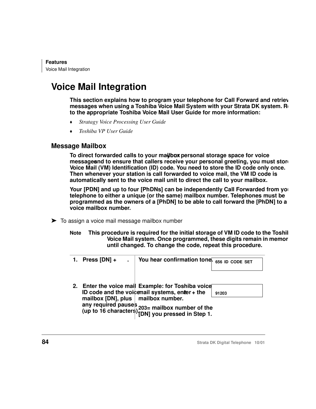 Toshiba DK manual Voice Mail Integration, Message Mailbox, To assign a voice mail message mailbox number 