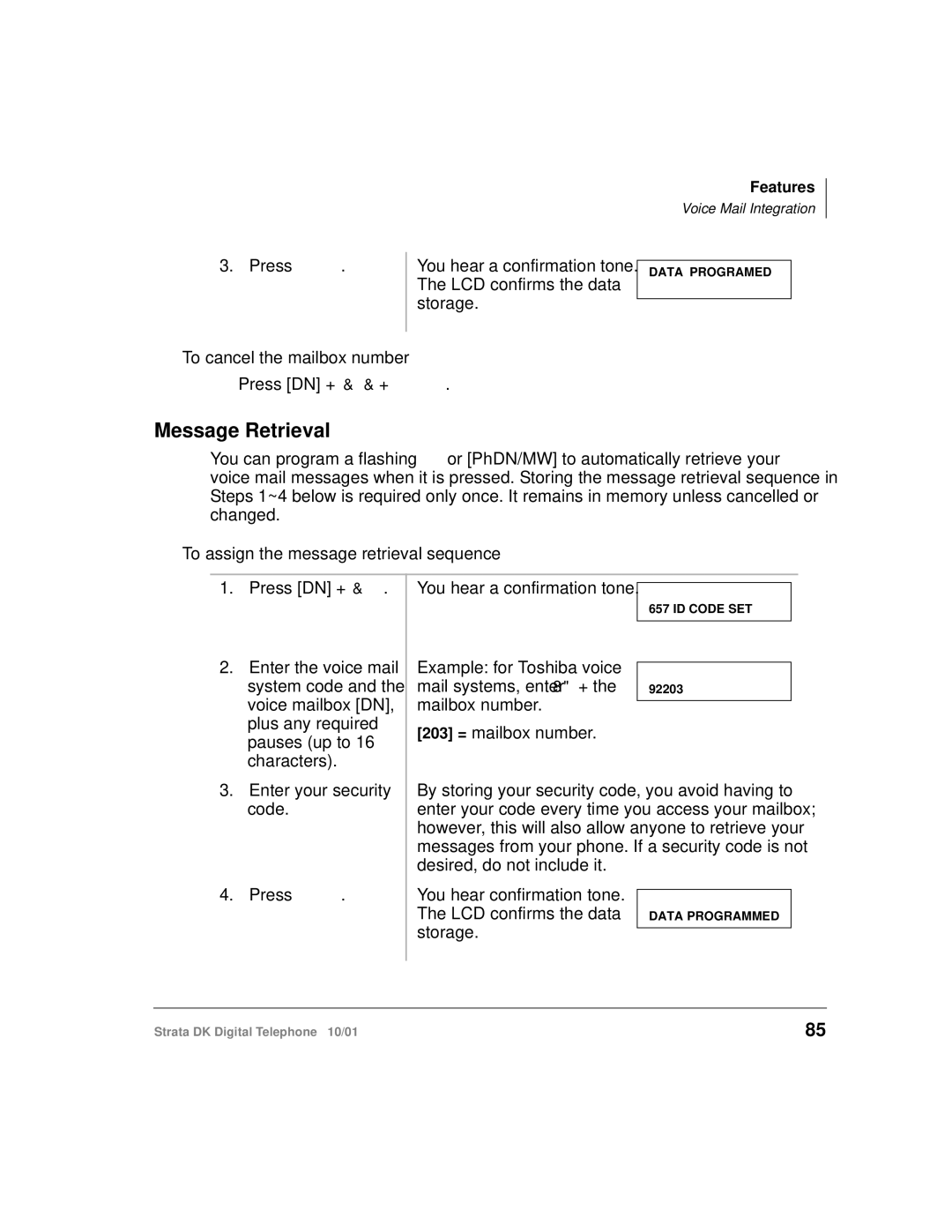 Toshiba DK manual Message Retrieval, To cancel the mailbox number, To assign the message retrieval sequence 