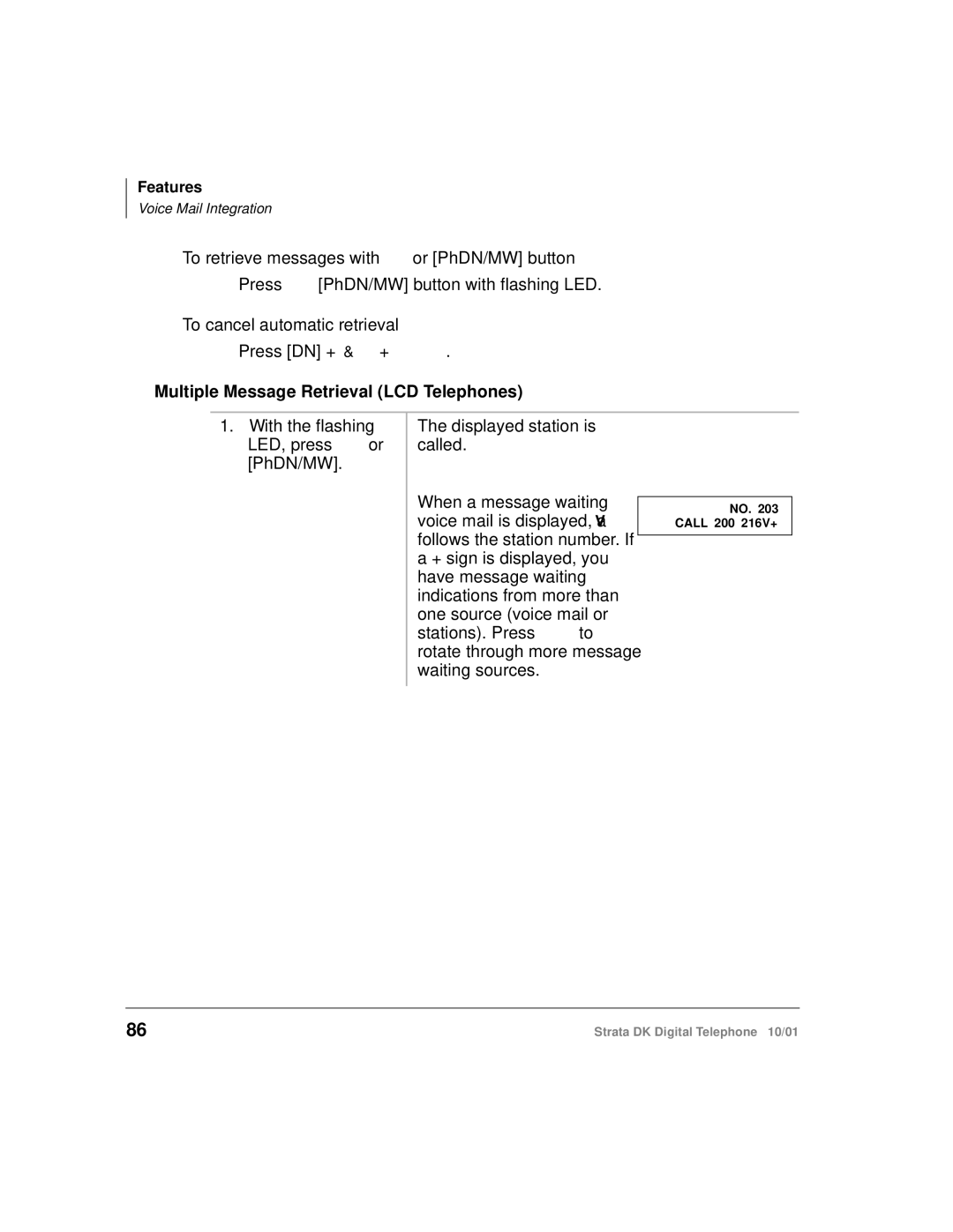 Toshiba DK manual To retrieve messages with 0VJ or PhDN/MW button, To cancel automatic retrieval 