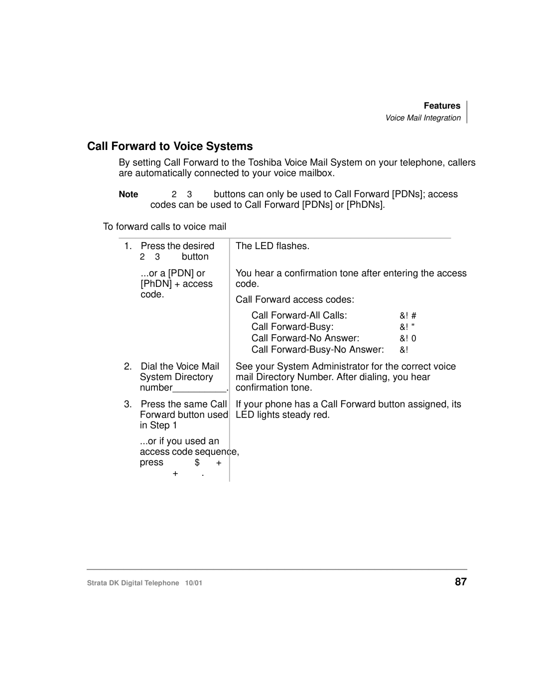 Toshiba DK manual Call Forward to Voice Systems, To forward calls to voice mail 