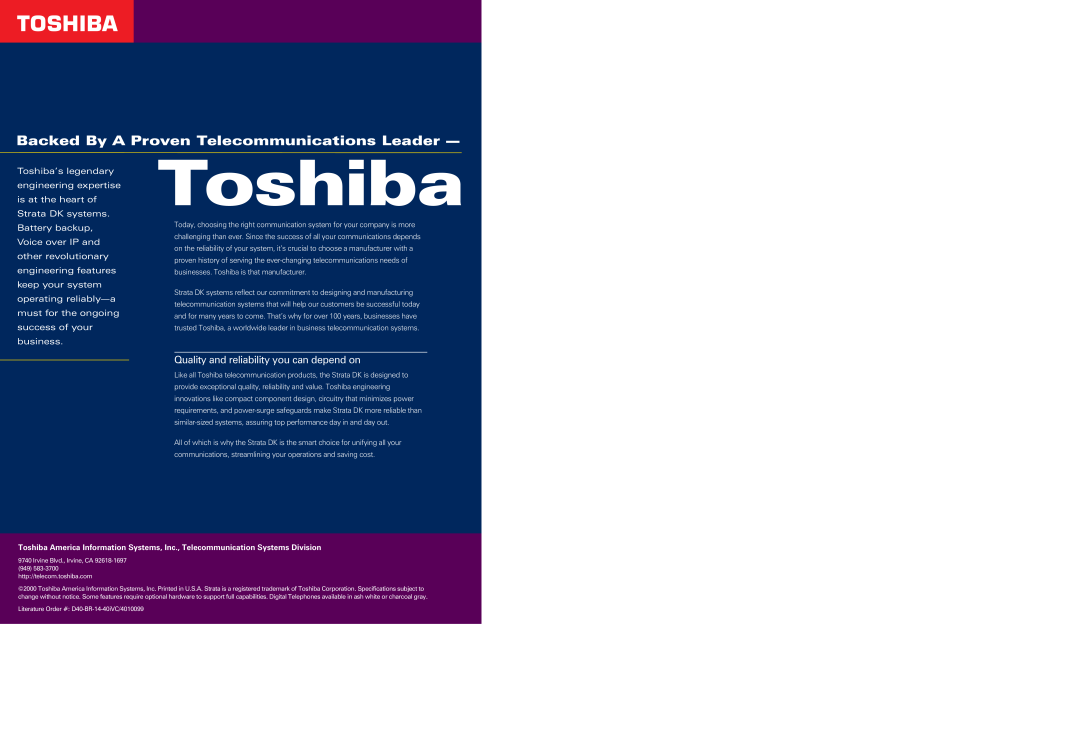 Toshiba dk14, DK40I manual Quality and reliability you can depend on, Toshiba, Backed By A Proven Telecommunications Leader 