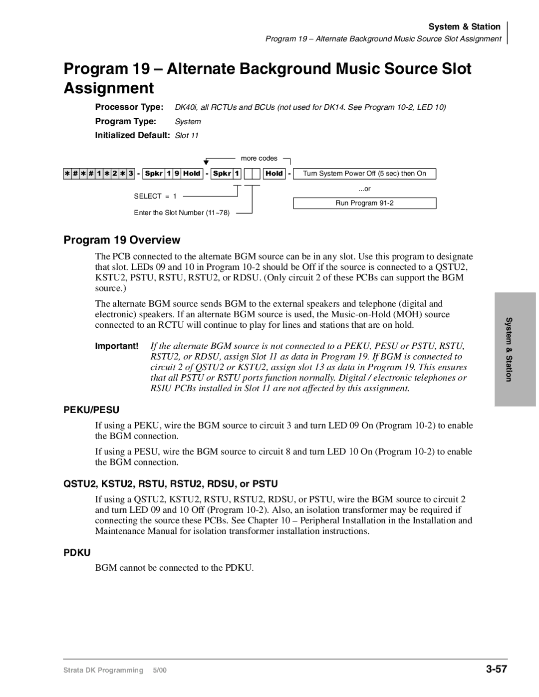 Toshiba DK424 Program 19 Overview, QSTU2, KSTU2, RSTU, RSTU2, RDSU, or Pstu, Program Type System Initialized Default Slot 