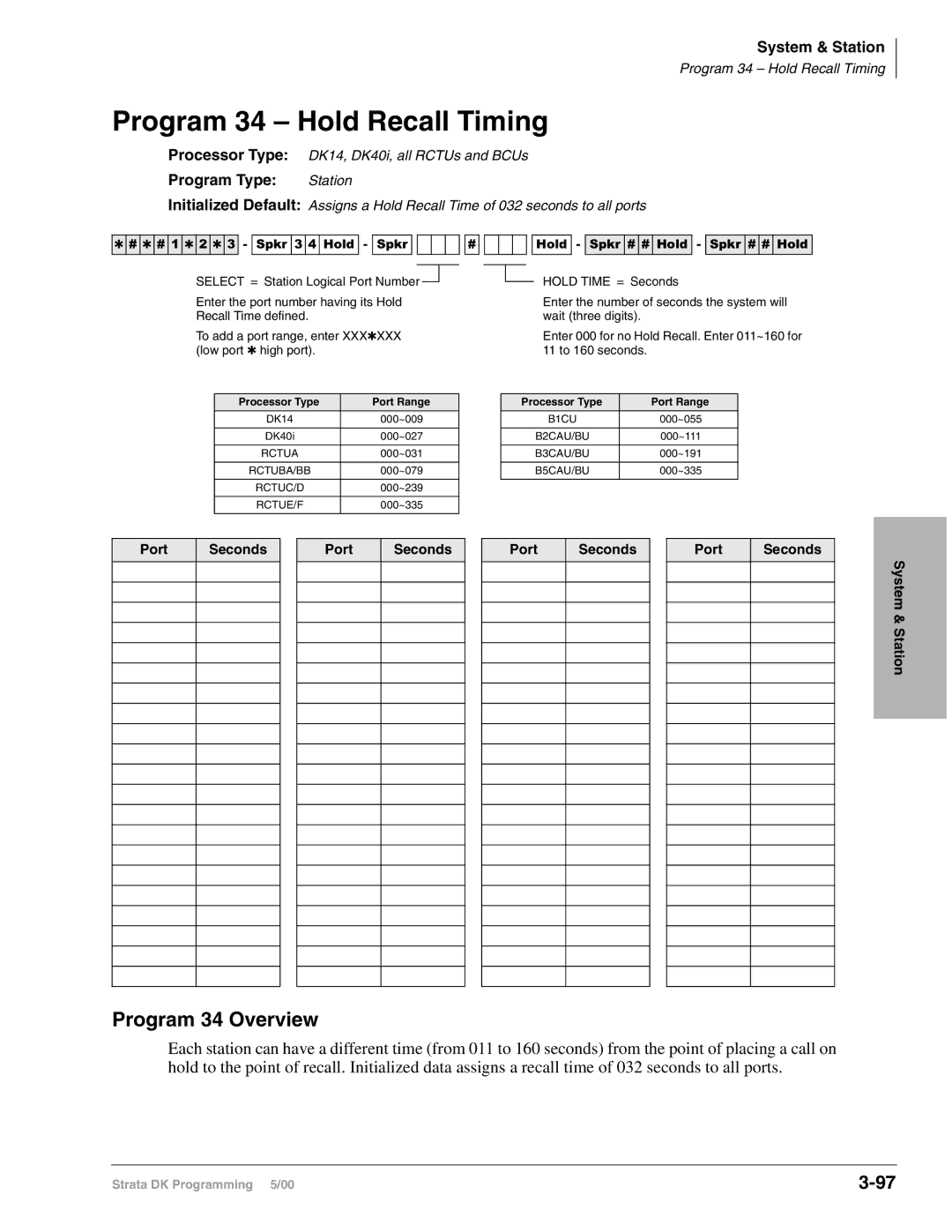 Toshiba dk14, DK40I, DK424I manual Program 34 Hold Recall Timing, Program 34 Overview, Port Seconds System & Station 