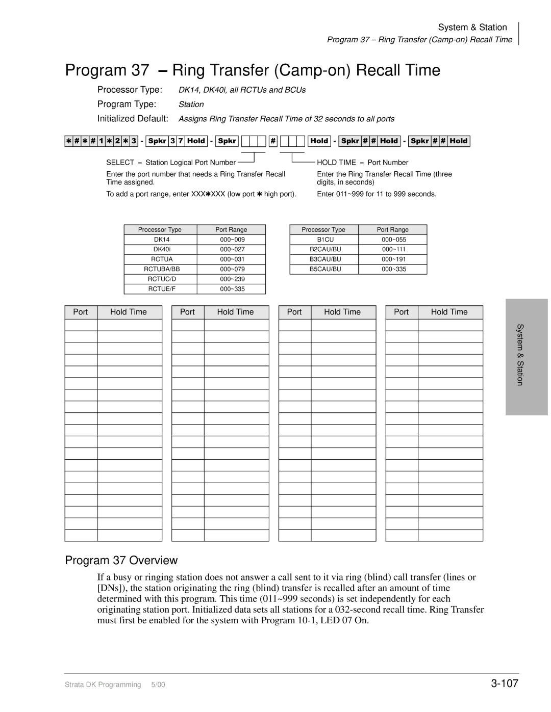 Toshiba DK424I Program 37 Ring Transfer Camp-on Recall Time, Program 37 Overview, 107, Port Hold Time System & Station 