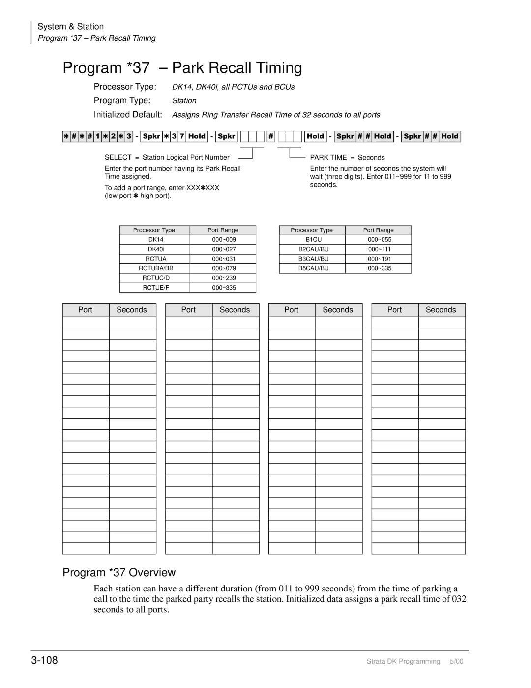 Toshiba dk14, DK40I, DK424I manual Program *37 Park Recall Timing, Program *37 Overview, 108 