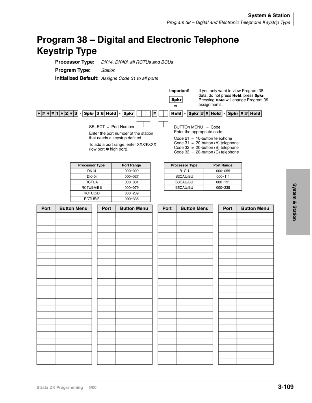 Toshiba DK424, dk14, DK40I Program 38 Digital and Electronic Telephone Keystrip Type, 109, System Port Button Menu Station 