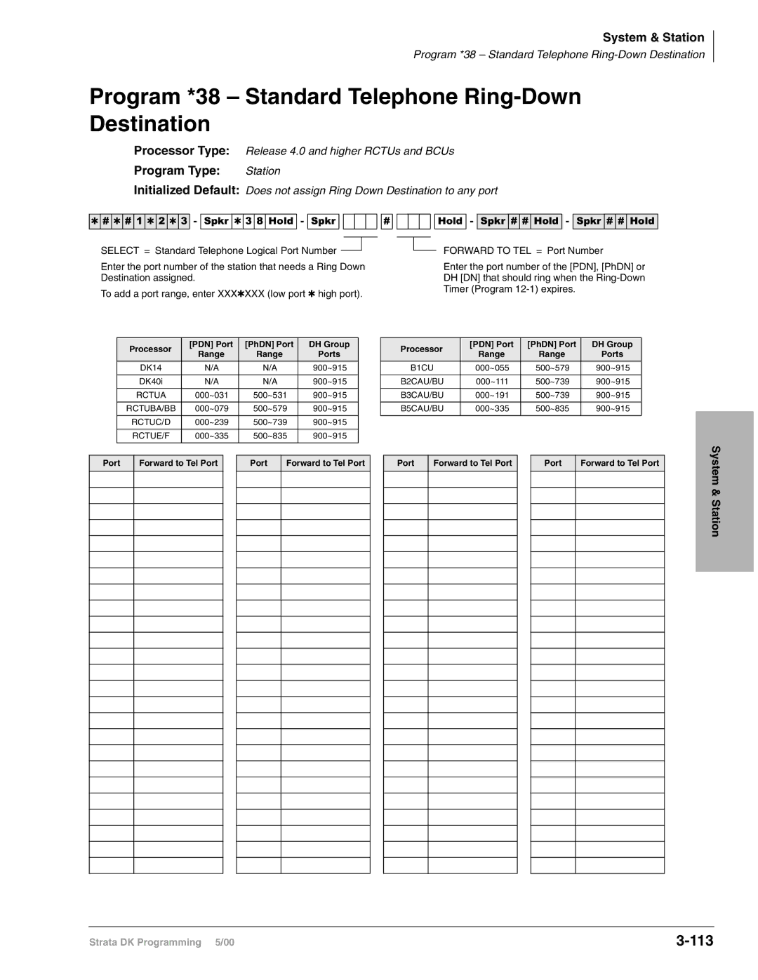 Toshiba dk14, DK40I, DK424I manual Program *38 Standard Telephone Ring-Down Destination, 113 