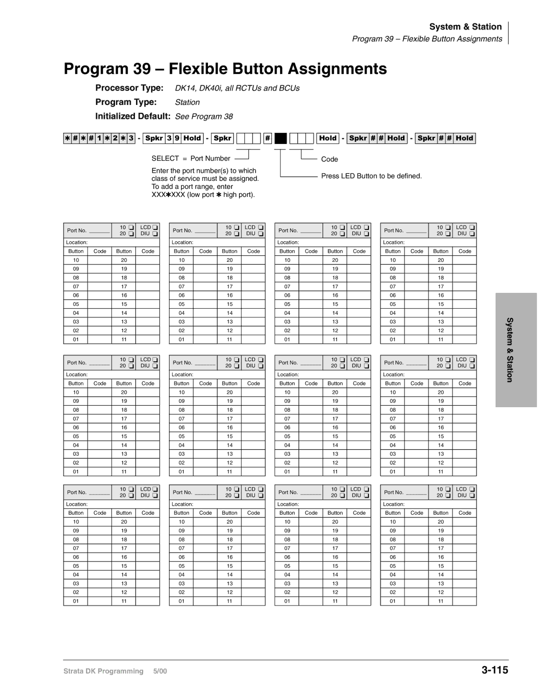 Toshiba DK424I, dk14 Program 39 Flexible Button Assignments, 115, Program Type Station Initialized Default See Program 