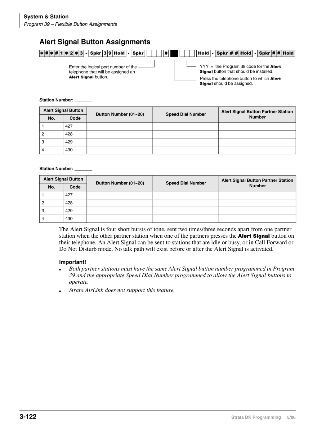 Toshiba DK40I, dk14, DK424 manual Alert Signal Button Assignments, 122, Station Number +ROG 6SNU +ROG 6SNU +ROG, Code Number 