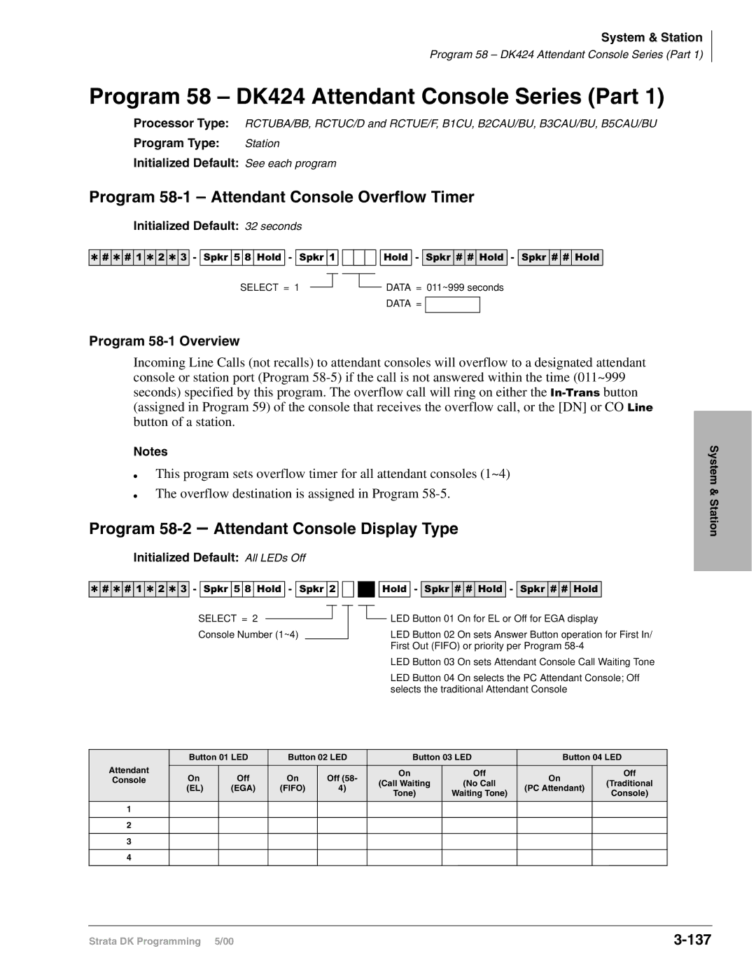 Toshiba dk14, DK40I Program 58 DK424 Attendant Console Series Part, Program 58-1 Attendant Console Overflow Timer, 137 