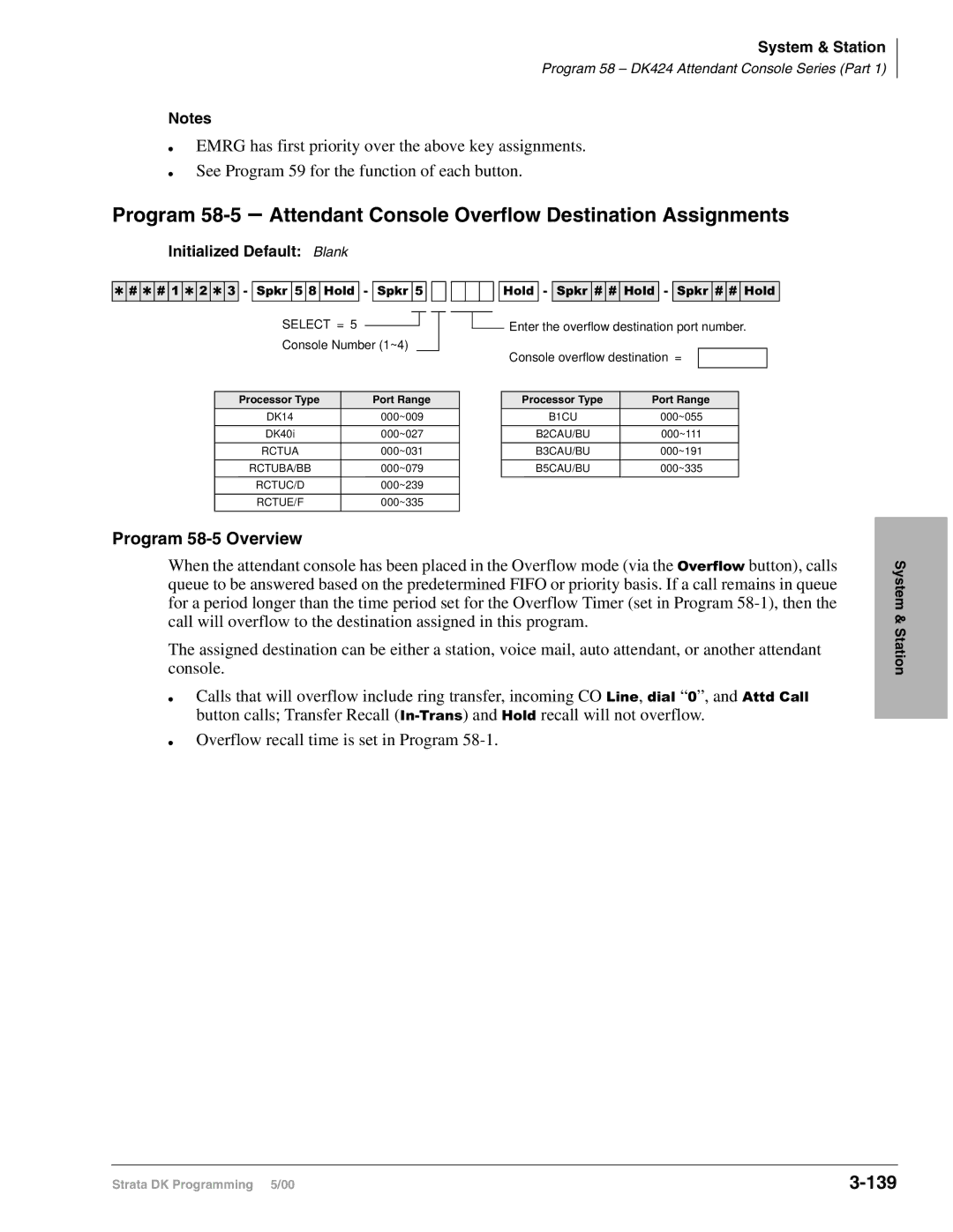 Toshiba DK424I, dk14, DK40I manual 139, Program 58-5 Overview, Enter the overflow destination port number 