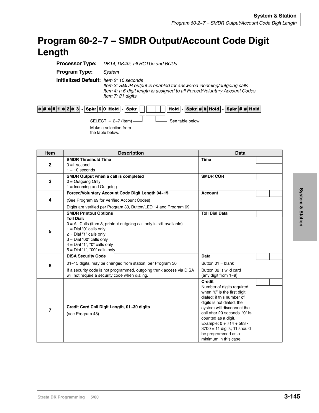 Toshiba dk14, DK40I, DK424I manual Program 60-2~7 Smdr Output/Account Code Digit Length, 145, Description Data 