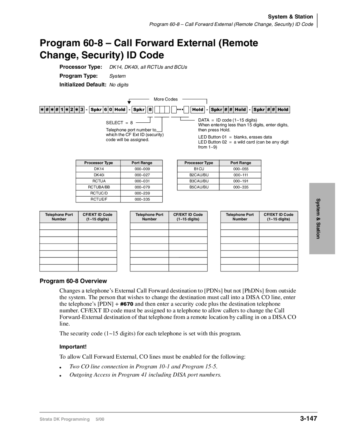 Toshiba DK424I, dk14 manual 147, Program 60-8 Overview, Program Type System Initialized Default No digits, ~15 digits Number 