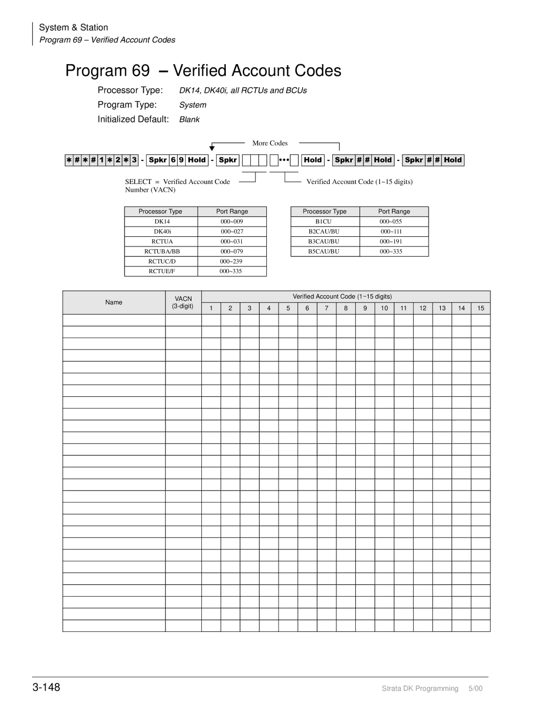 Toshiba dk14, DK40I, DK424I manual Program 69 Verified Account Codes, 148, Select = Verified Account Code Number Vacn 