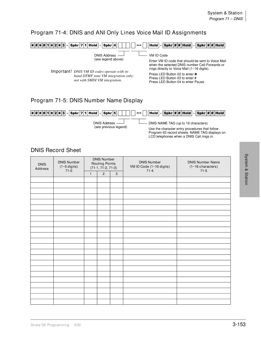 Toshiba dk14, DK40I, DK424I manual Program 71-5 Dnis Number Name Display, Dnis Record Sheet, 153 