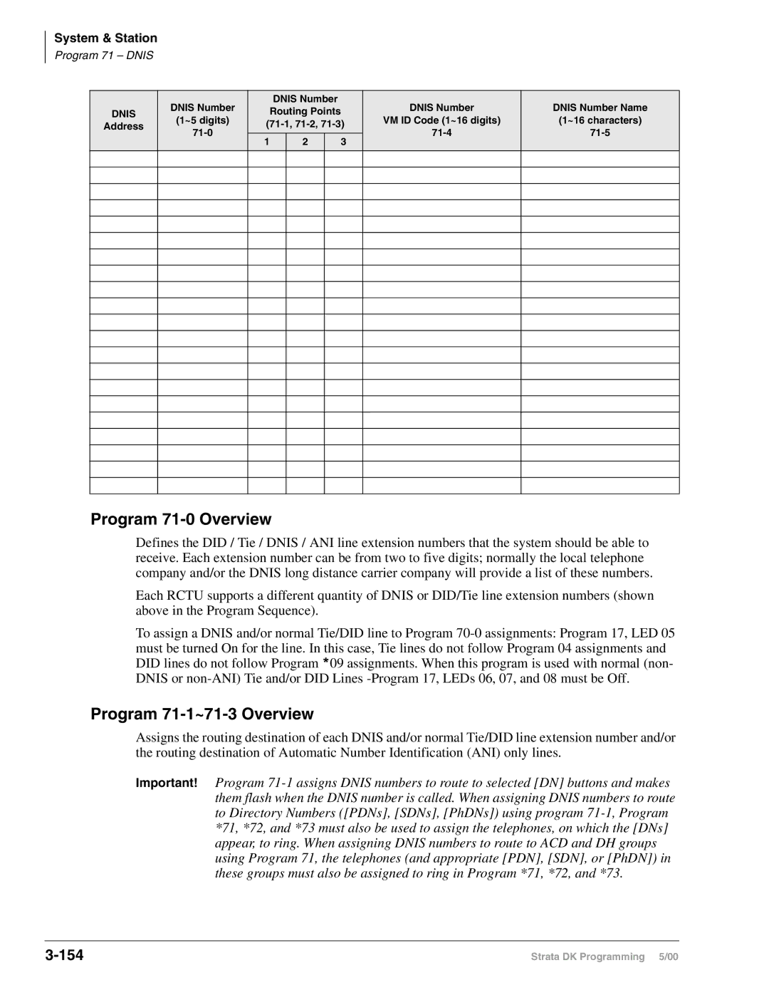 Toshiba DK40I, dk14, DK424I manual Program 71-0 Overview, Program 71-1~71-3 Overview, 154 