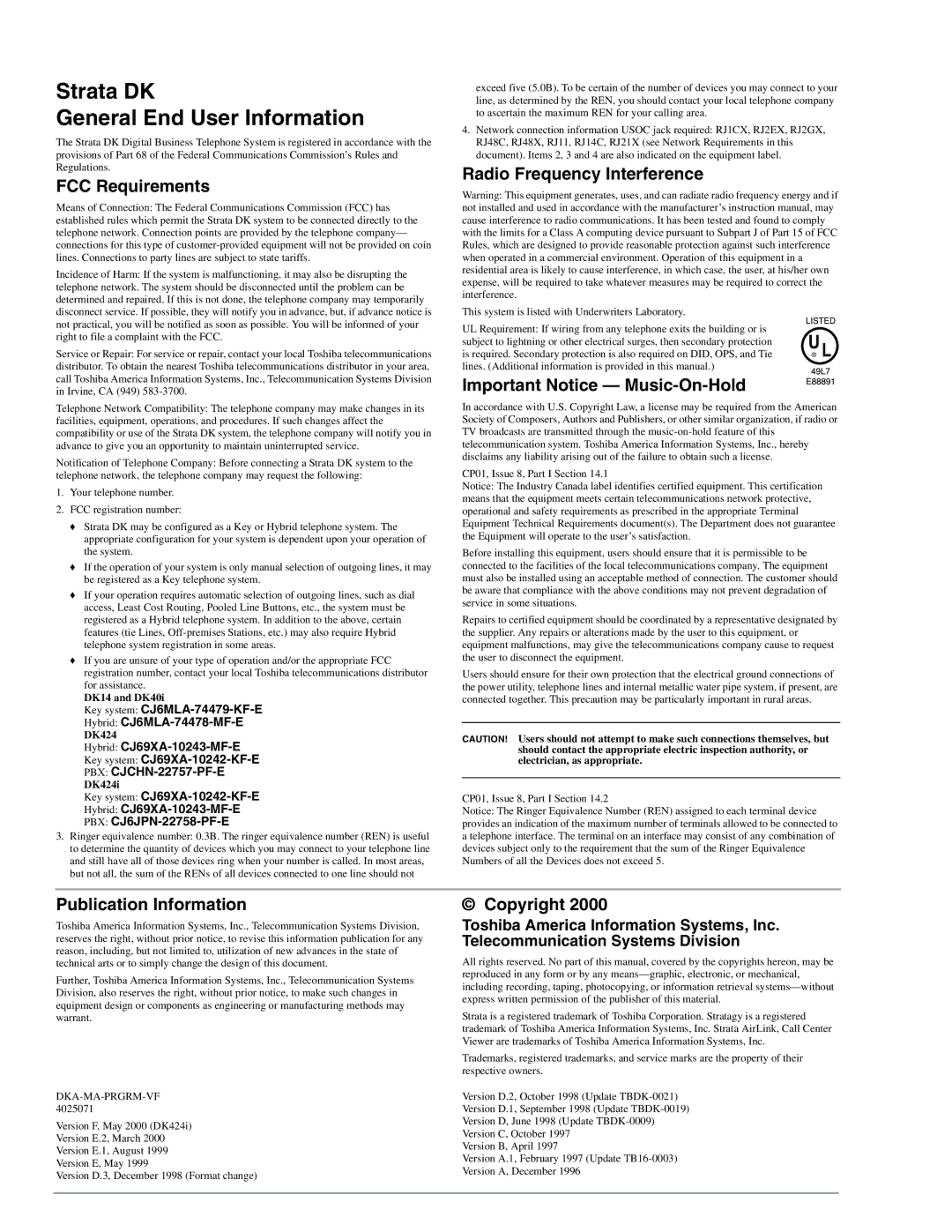 Toshiba DK40I FCC Requirements, Radio Frequency Interference, Important Notice Music-On-Hold, Publication Information 