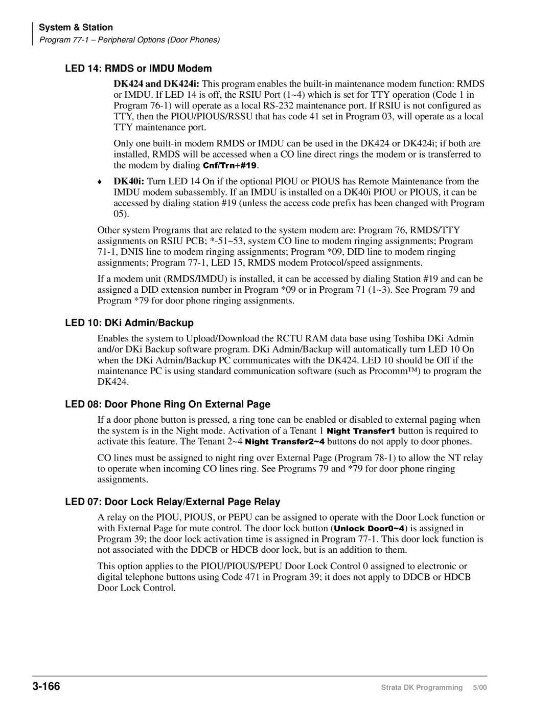 Toshiba DK40I, dk14, DK424 manual 166, LED 14 Rmds or Imdu Modem, LED 10 DKi Admin/Backup, LED 08 Door Phone Ring On External 