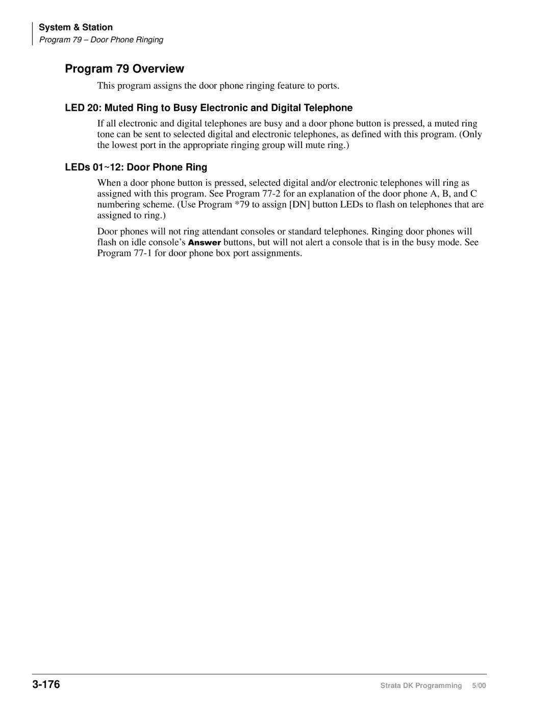 Toshiba dk14, DK40I, DK424I manual Program 79 Overview, 176, LED 20 Muted Ring to Busy Electronic and Digital Telephone 