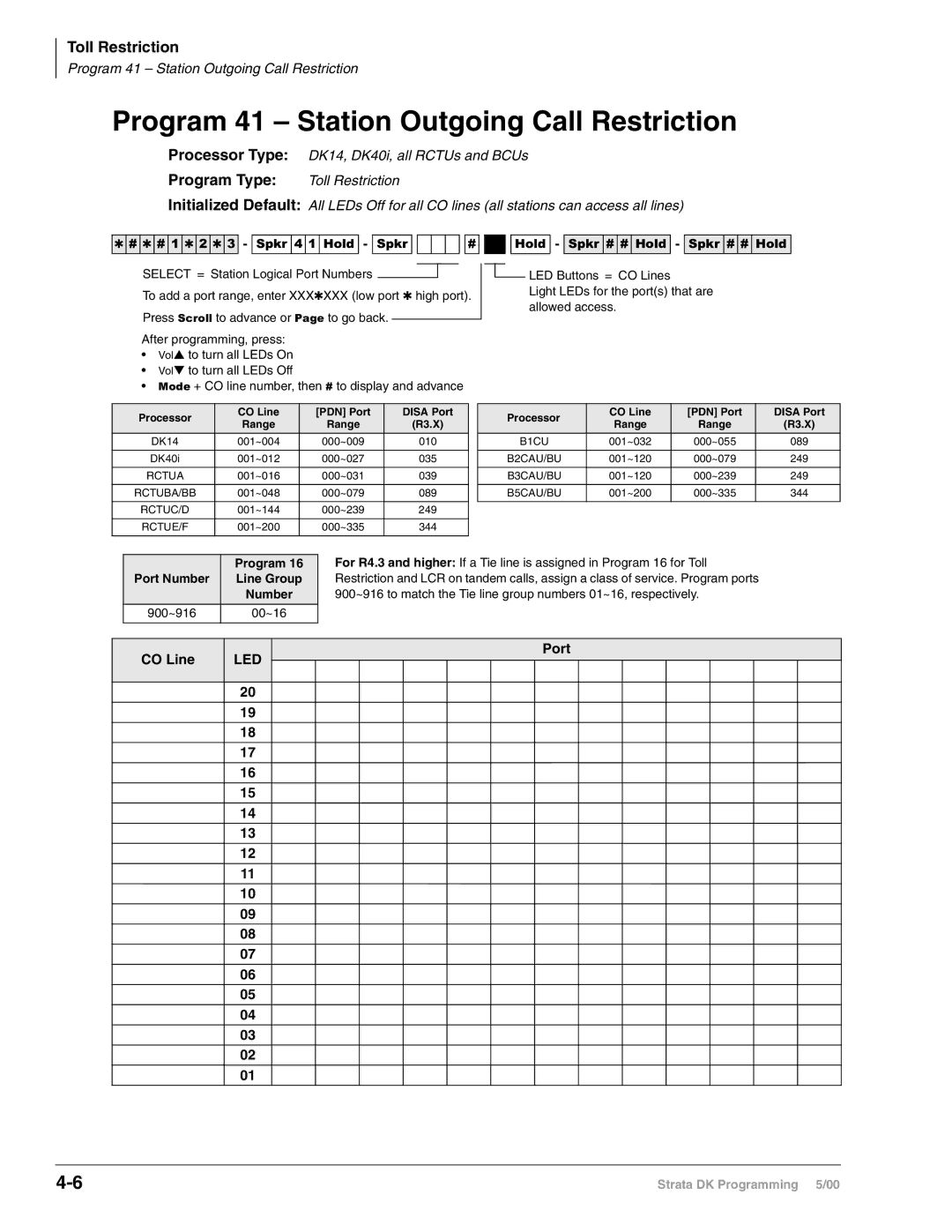 Toshiba dk14, DK424 Program 41 Station Outgoing Call Restriction, Processor CO Line PDN Port Disa Port Range, Range R3.X 