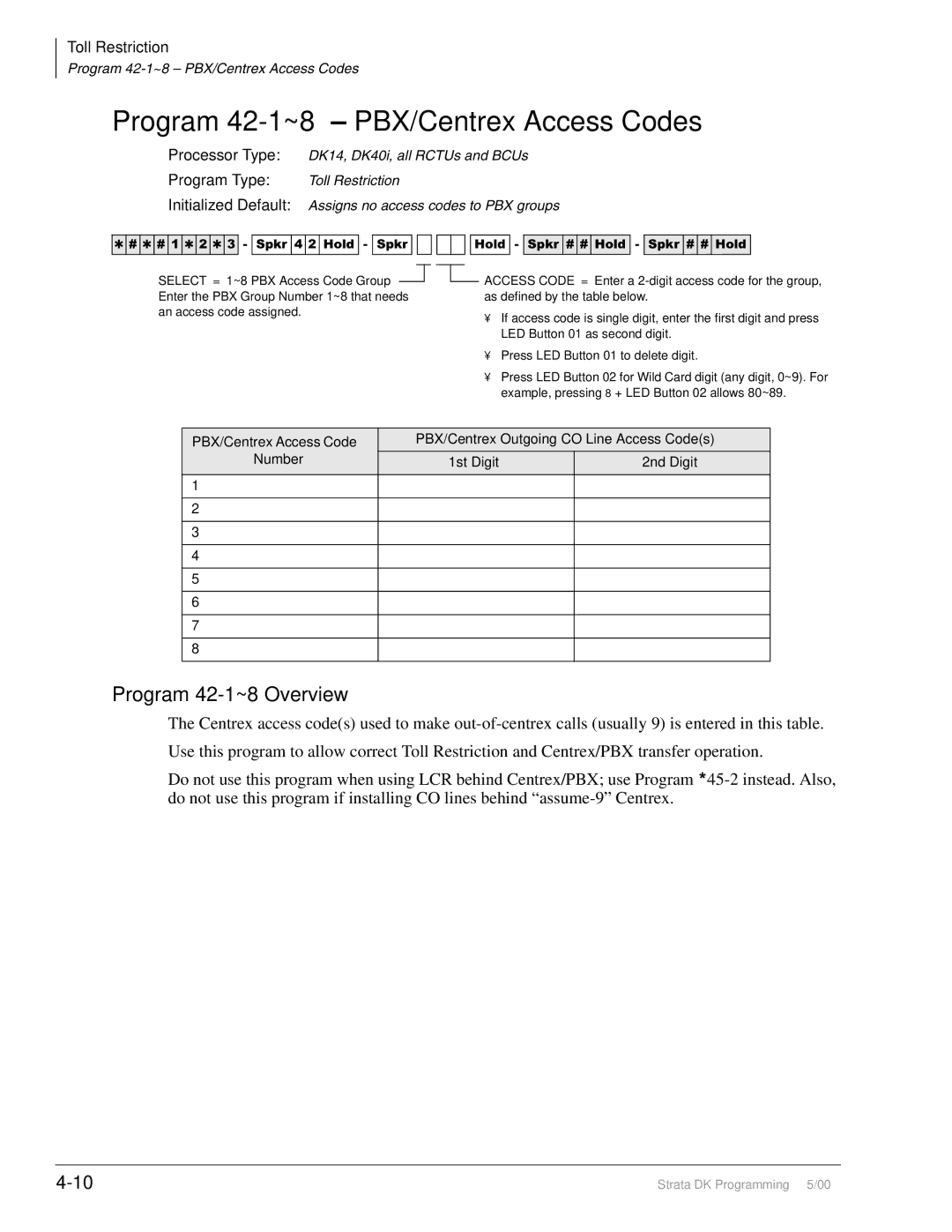 Toshiba dk14, DK40I, DK424I manual Program 42-1~8 PBX/Centrex Access Codes, Program 42-1~8 Overview 