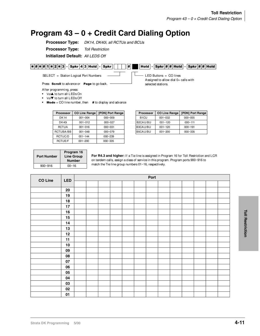 Toshiba DK424, dk14 Program 43 0 + Credit Card Dialing Option, Assigned to allow dial 0+ calls with, Selected stations 