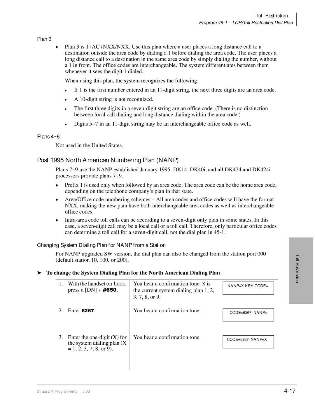 Toshiba DK424I, dk14, DK40I manual Post 1995 North American Numbering Plan Nanp, Plans 4~6, Toll Restriction 