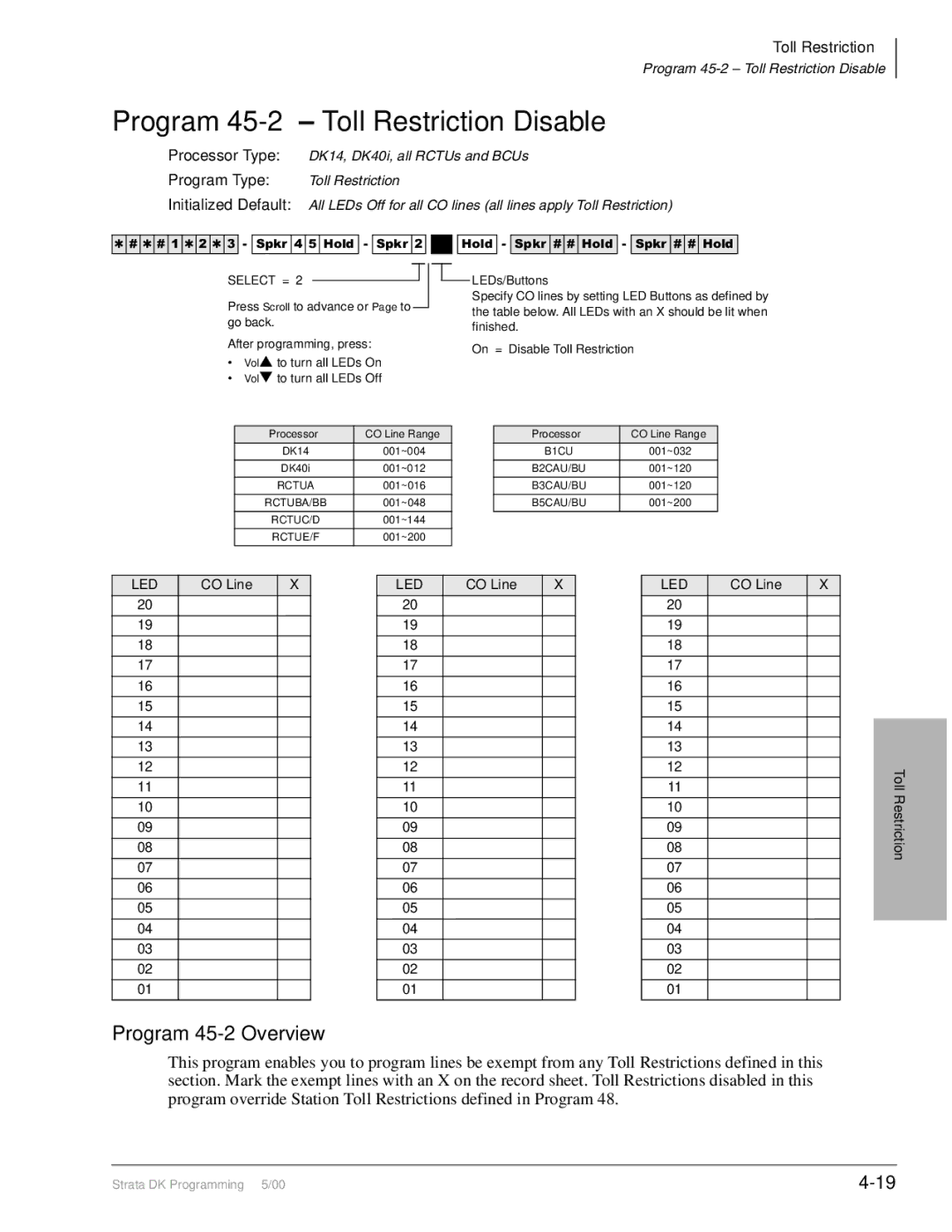 Toshiba dk14, DK40I, DK424I manual Program 45-2 Toll Restriction Disable, Program 45-2 Overview, CO Line Toll 