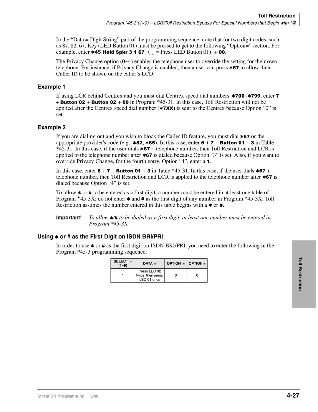 Toshiba dk14, DK40I, DK424I manual Example, Using or # as the First Digit on Isdn BRI/PRI, LED 01 once 