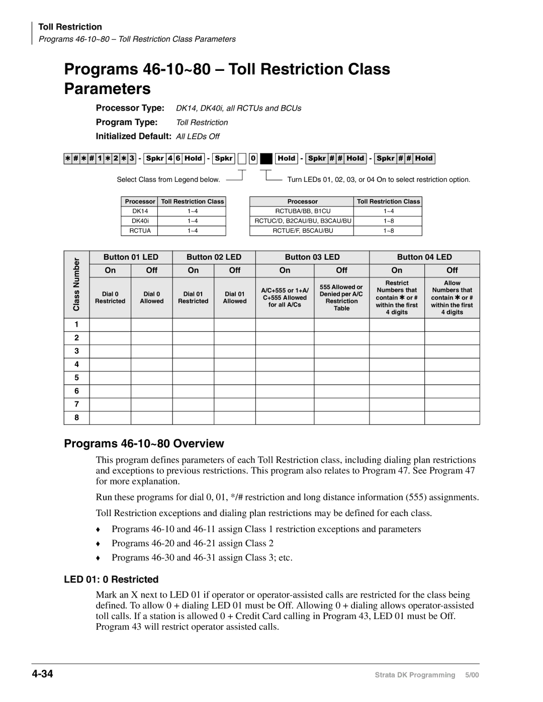 Toshiba dk14, DK424 Programs 46-10~80 Toll Restriction Class Parameters, Programs 46-10~80 Overview, LED 01 0 Restricted 