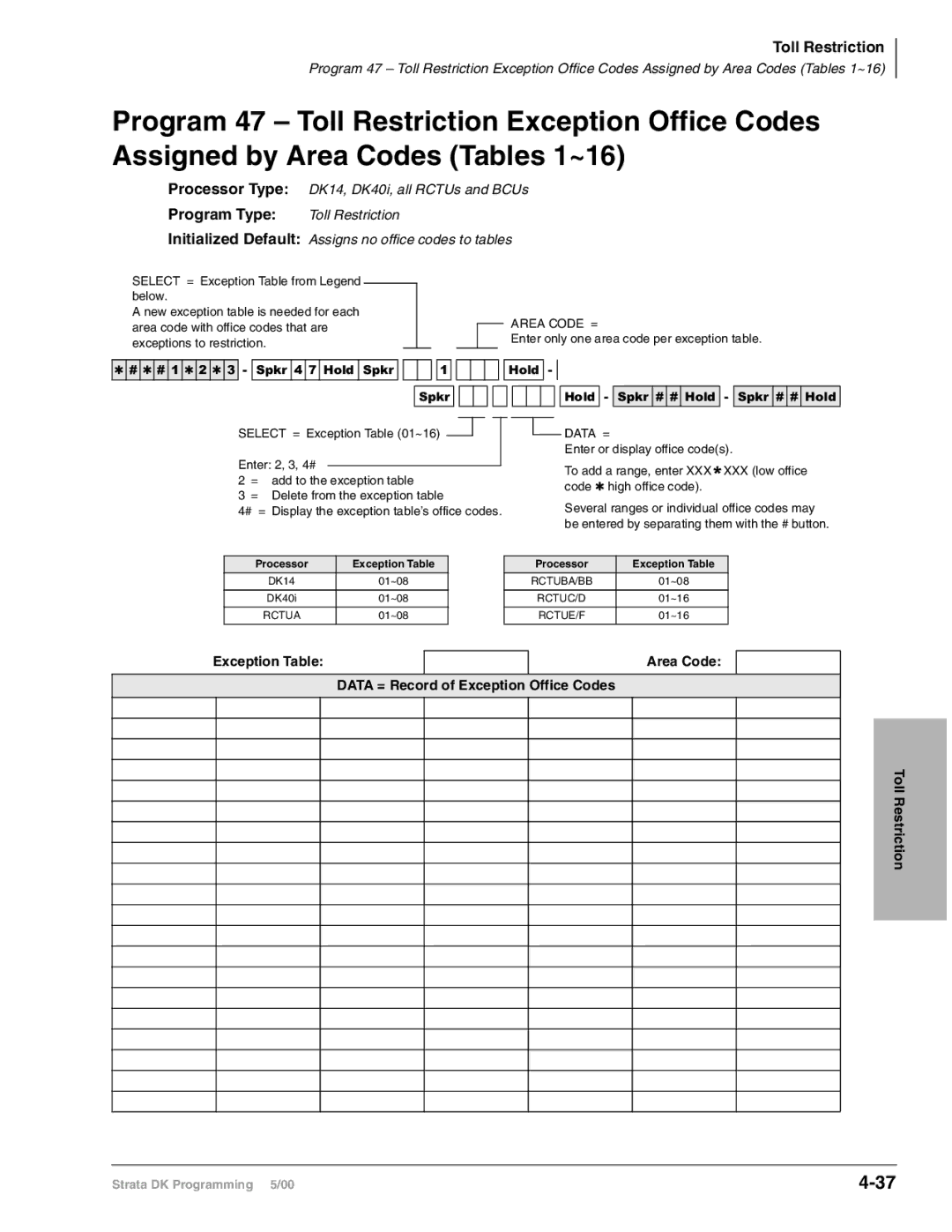 Toshiba DK424I, dk14 Initialized Default Assigns no office codes to tables, Enter only one area code per exception table 