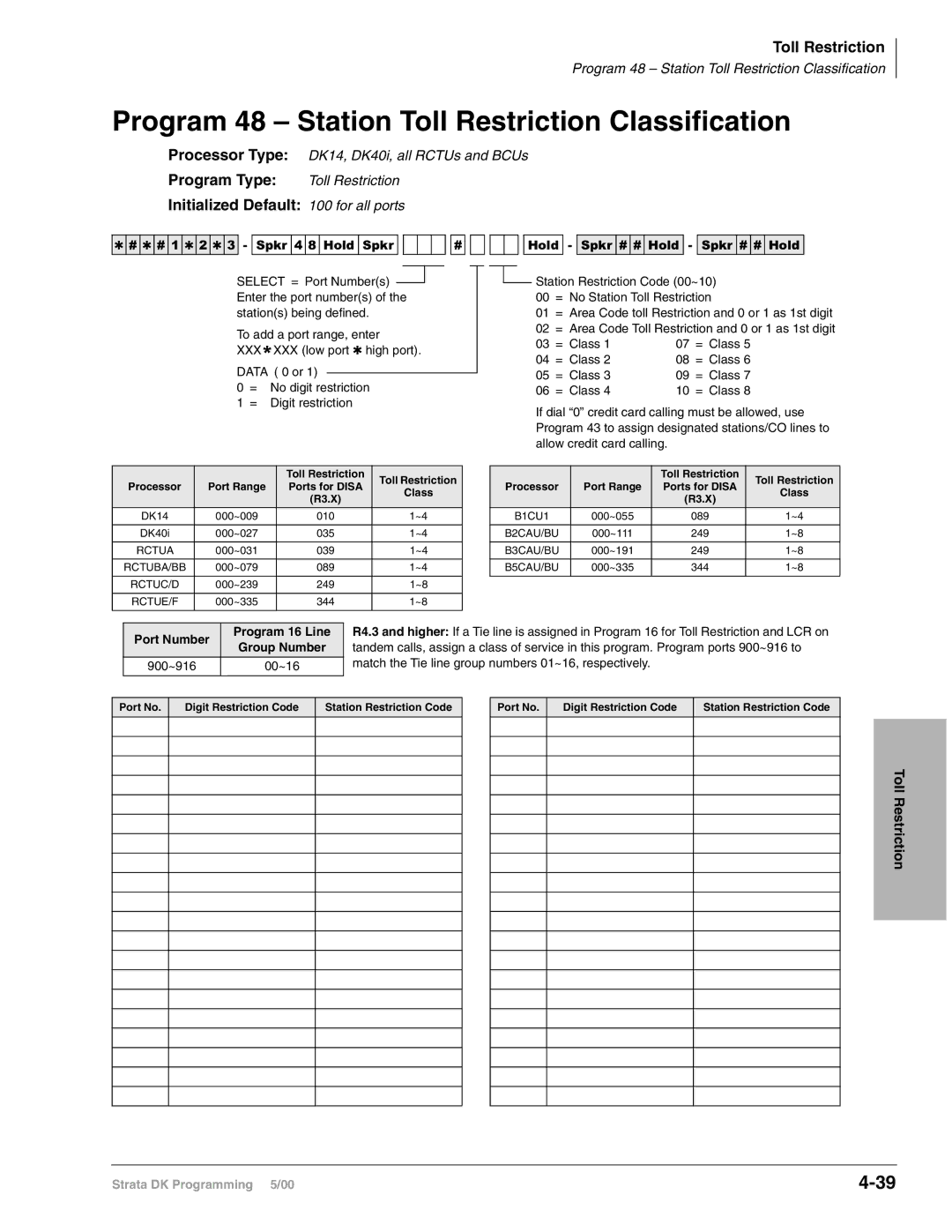 Toshiba dk14, DK40I, DK424I Program 48 Station Toll Restriction Classification, Initialized Default 100 for all ports 