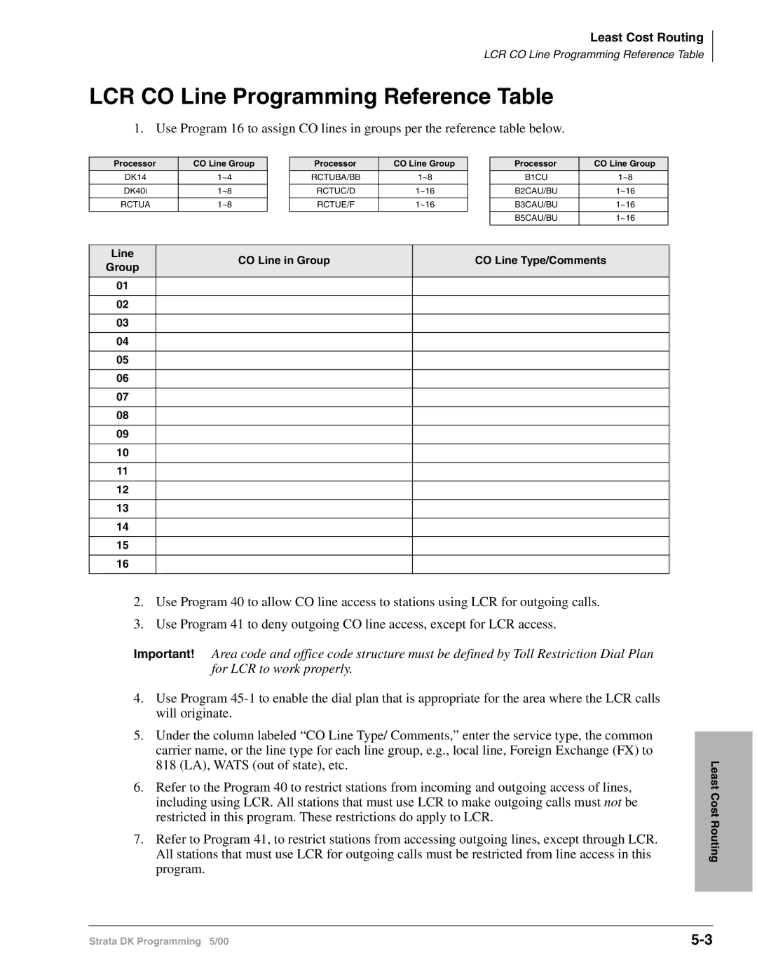 Toshiba dk14, DK40I, DK424I manual LCR CO Line Programming Reference Table, Line CO Line in Group CO Line Type/Comments 