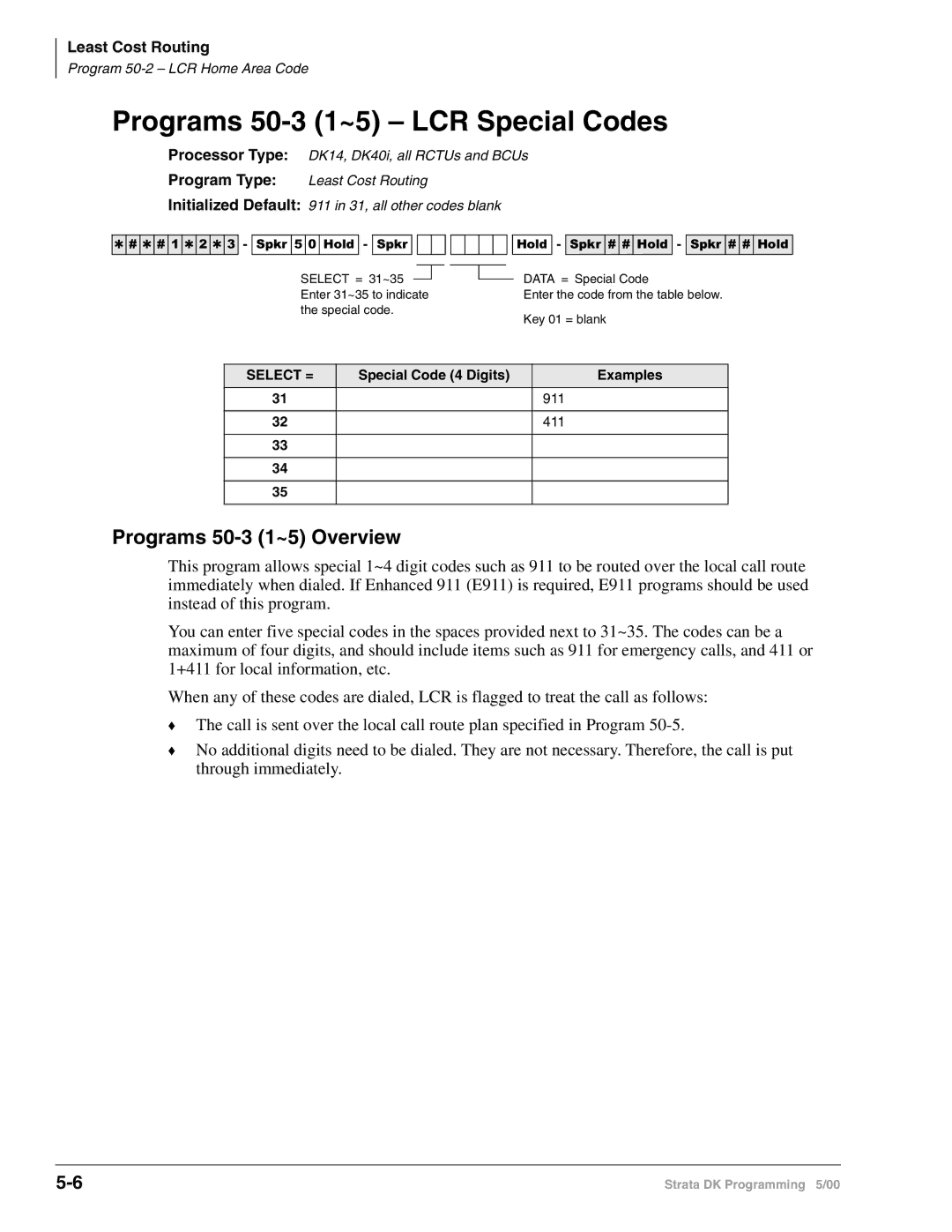 Toshiba dk14 manual Programs 50-3 1~5 LCR Special Codes, Programs 50-3 1~5 Overview, Special Code 4 Digits Examples 911 411 