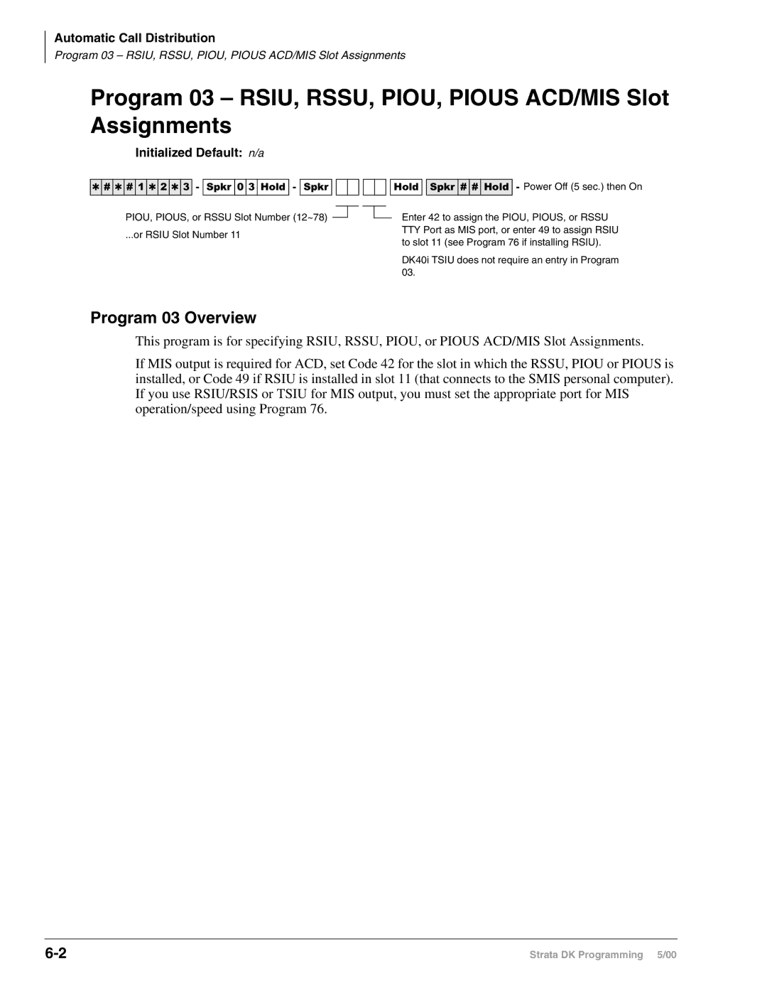 Toshiba dk14 Program 03 RSIU, RSSU, PIOU, Pious ACD/MIS Slot Assignments, Program 03 Overview, Automatic Call Distribution 