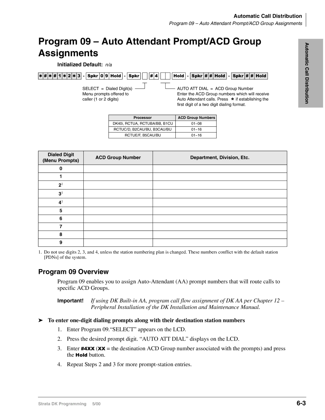 Toshiba dk14, DK40I, DK424I Program 09 Auto Attendant Prompt/ACD Group Assignments, Auto ATT Dial = ACD Group Number 