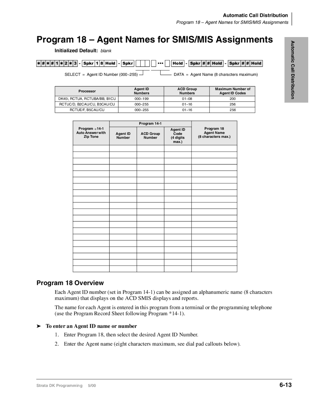 Toshiba DK424I, dk14, DK40I manual Program 18 Agent Names for SMIS/MIS Assignments, Program 18 Overview 