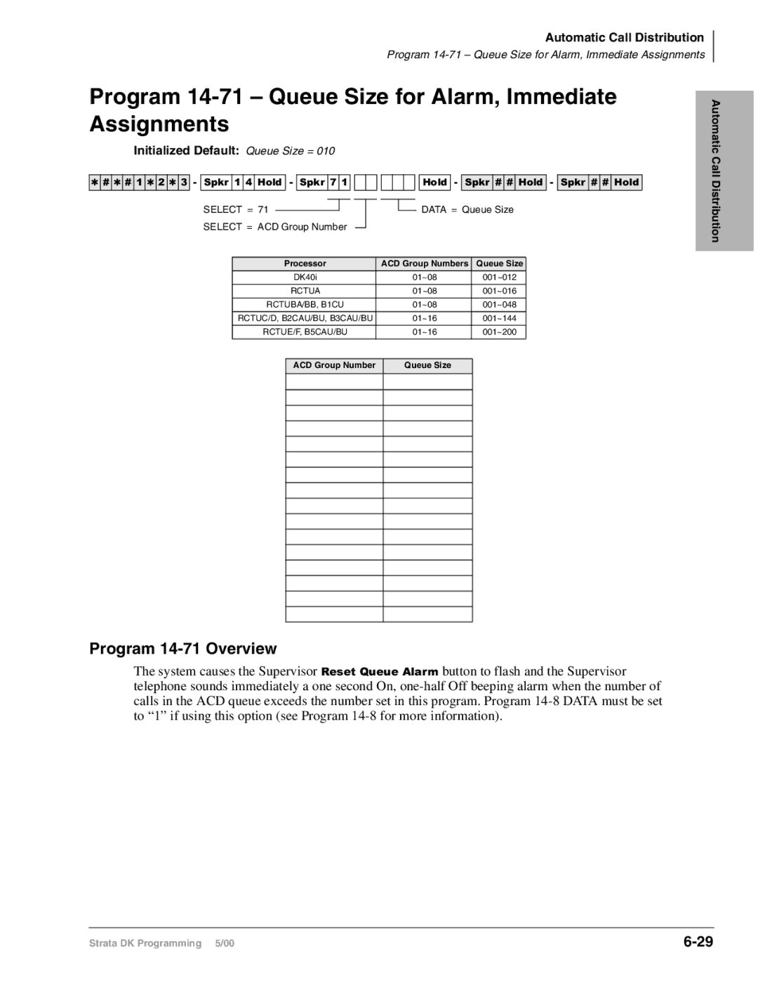 Toshiba DK424I, dk14 Program 14-71 Queue Size for Alarm, Immediate Assignments, Program 14-71 Overview, Data = Queue Size 