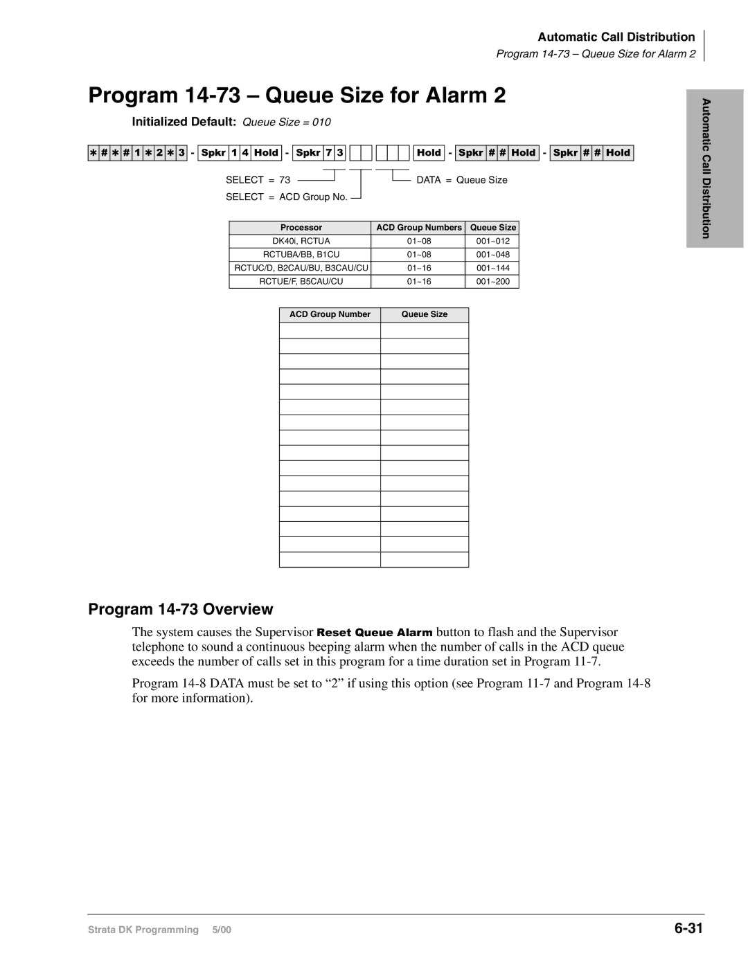 Toshiba DK424, dk14 Program 14-73 Queue Size for Alarm, Program 14-73 Overview, Data = Queue Size, Select = ACD Group No 