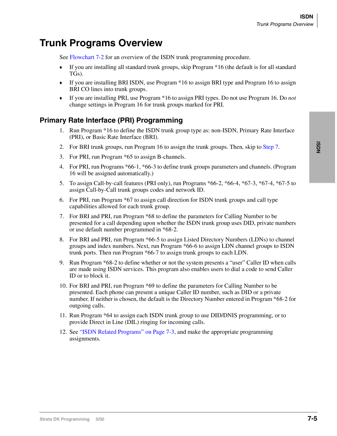 Toshiba dk14, DK40I, DK424I manual Trunk Programs Overview, Primary Rate Interface PRI Programming 