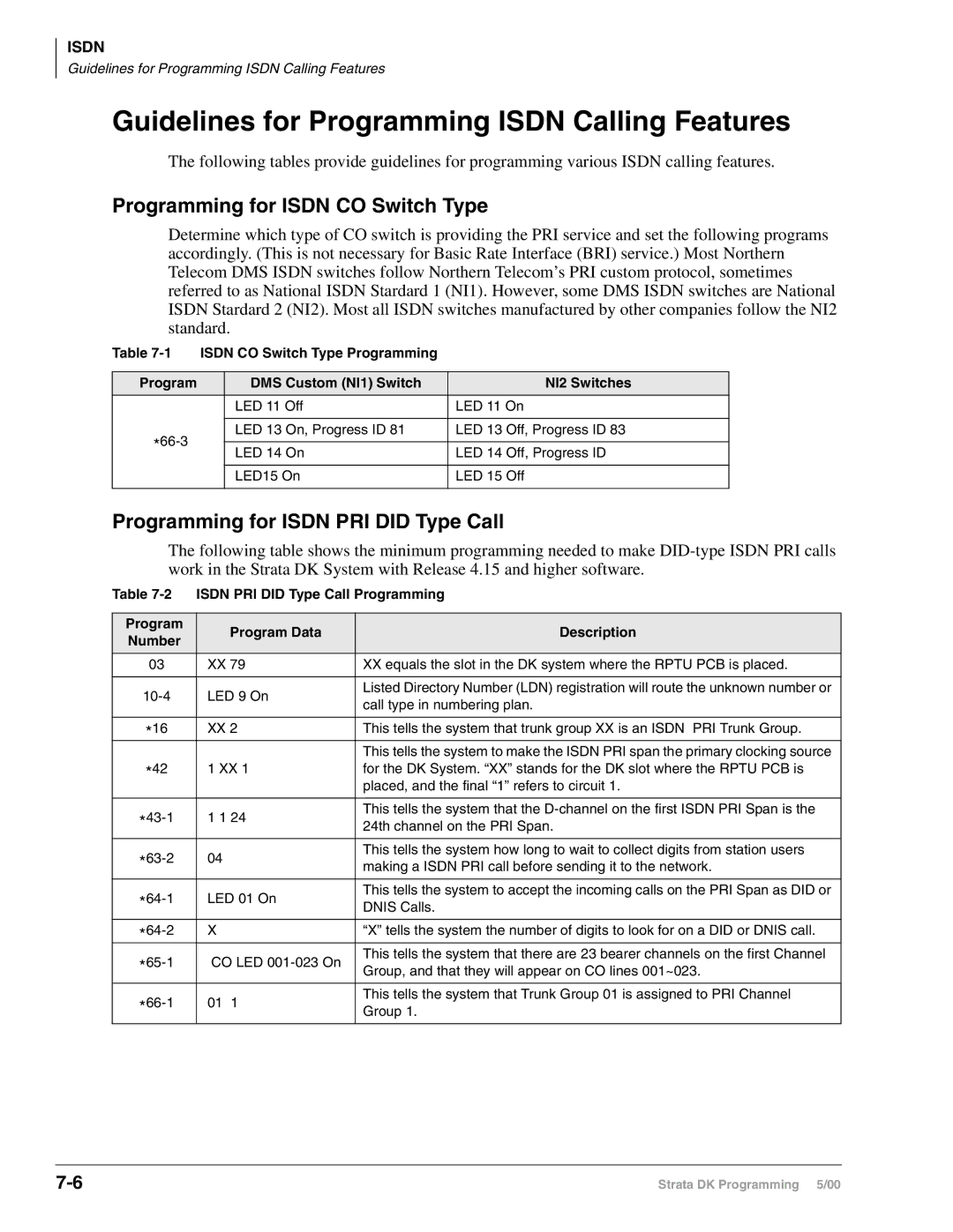 Toshiba DK40I, dk14, DK424 manual Guidelines for Programming Isdn Calling Features, Programming for Isdn CO Switch Type, 10-4 