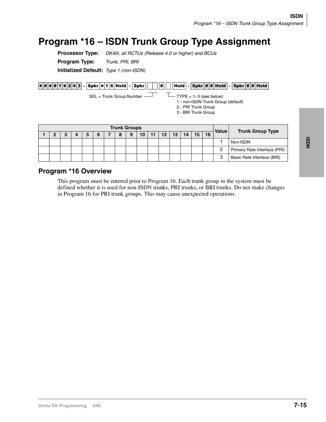 Toshiba DK424I Program *16 Isdn Trunk Group Type Assignment, Program *16 Overview, Initialized Default Type 1 non-ISDN 