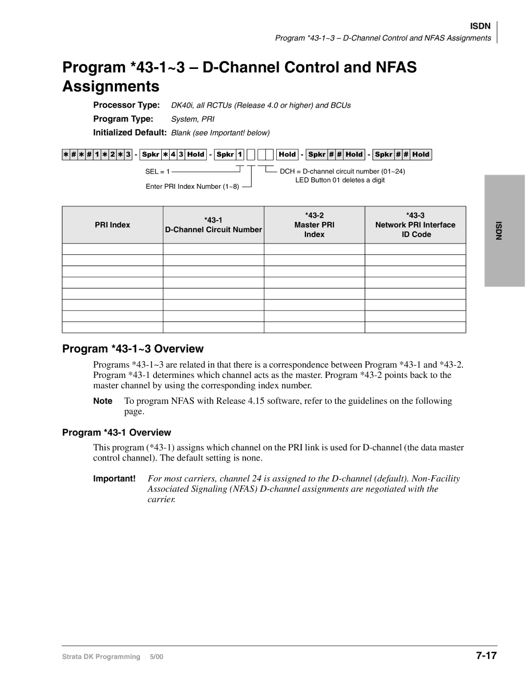 Toshiba DK424 Program *43-1~3 D-Channel Control and Nfas Assignments, Program *43-1~3 Overview, Program *43-1 Overview 