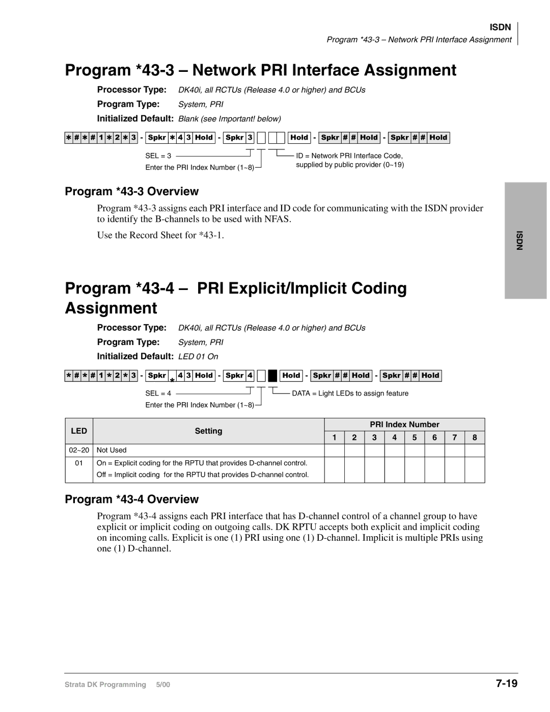 Toshiba DK424I, dk14 Program *43-3 Network PRI Interface Assignment, Program *43-4 PRI Explicit/Implicit Coding Assignment 