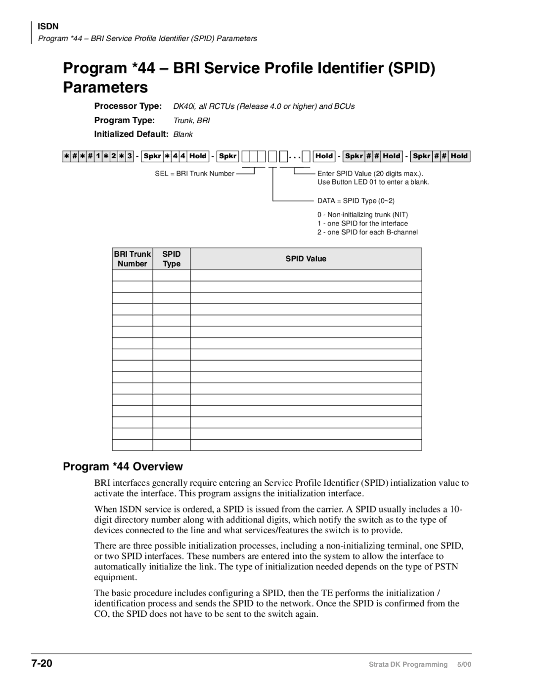 Toshiba dk14, DK40I, DK424I manual Program *44 BRI Service Profile Identifier Spid Parameters, Program *44 Overview 